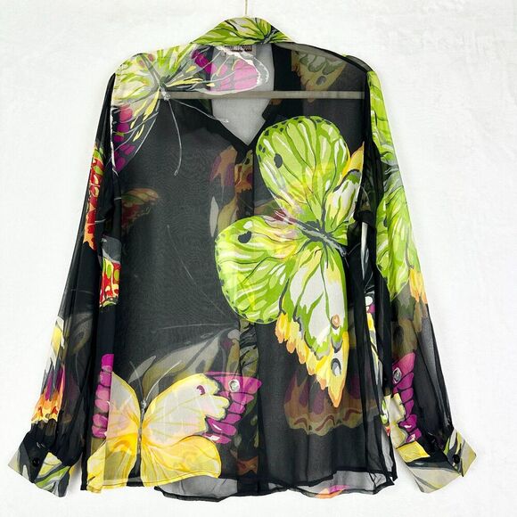 Vintage Silk Butterfly Sheer Top Size 12 Whimsigoth Fairy Forest 90s Y2K Nymph - Picture 2 of 7